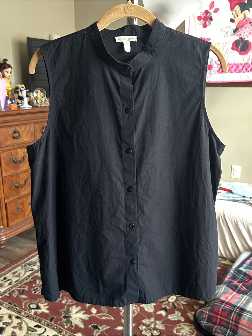 Eileen Fisher Sleeveless Black Button-Front Mandarin Collar Top